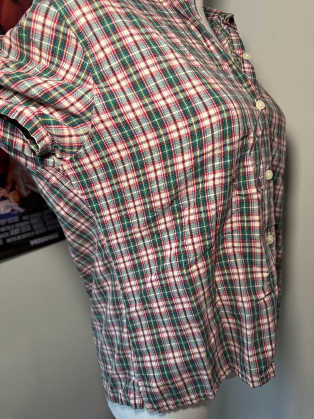 Abercrombie Y2K Green, Red, and Cream Plaid Short Sleeve Baby Button Up Blouse - Picture 6 of 13